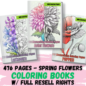 MRR 476 Coloring Pages, Spring Flowers 3 Book Bundle with Full Master Resell Rights