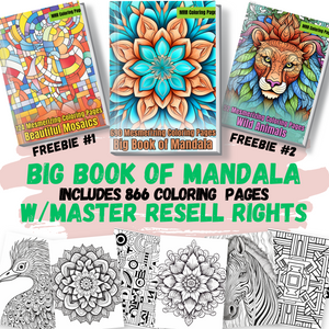 MRR 866 Coloring Pages, Big Book of Mandala + Mosaic FREEBIE + Wild Animals FREEBIE with Full Master Resell Rights